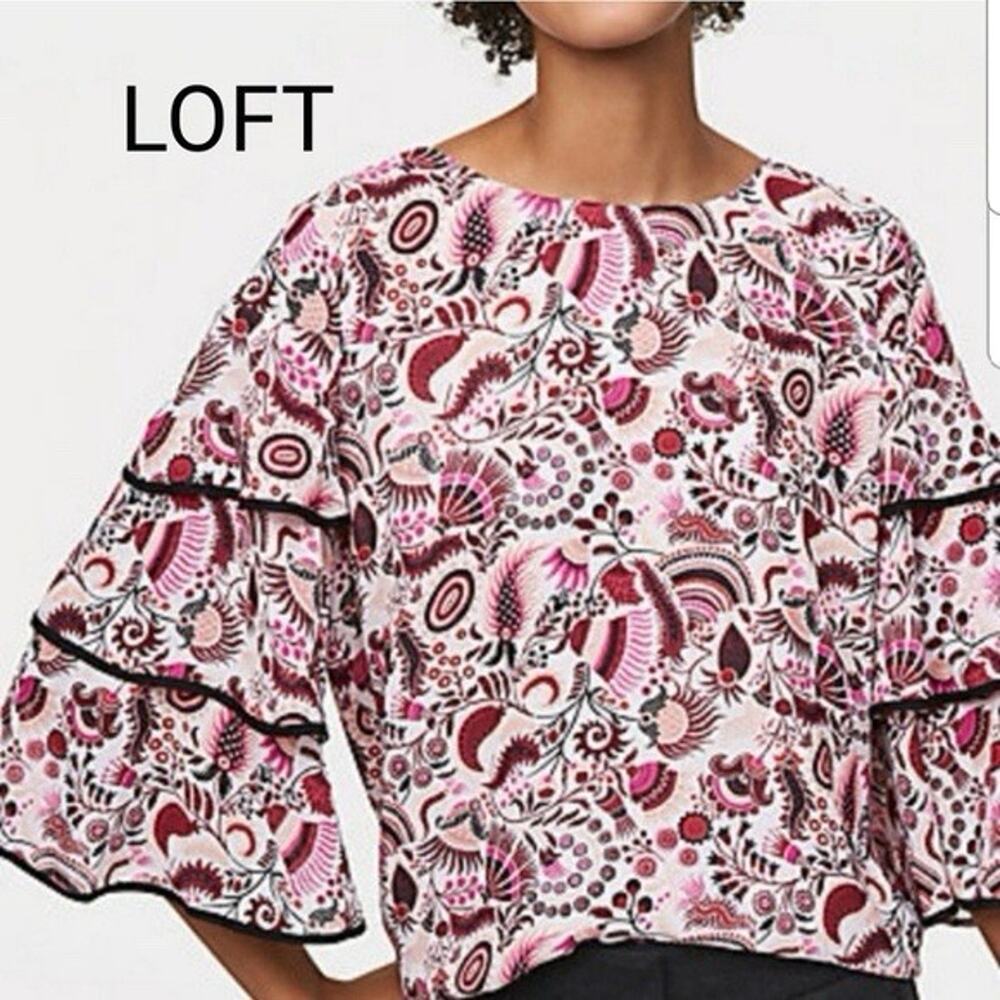 Loft Pink/Black Masquerade tiered sleeve blouse, Sz. XXL Paisley